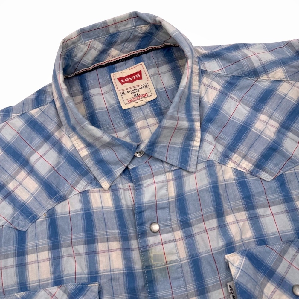 Levis Men's XL Blue Plaid Short Sleeve Western Pearl Snap Modern Fit Shirt